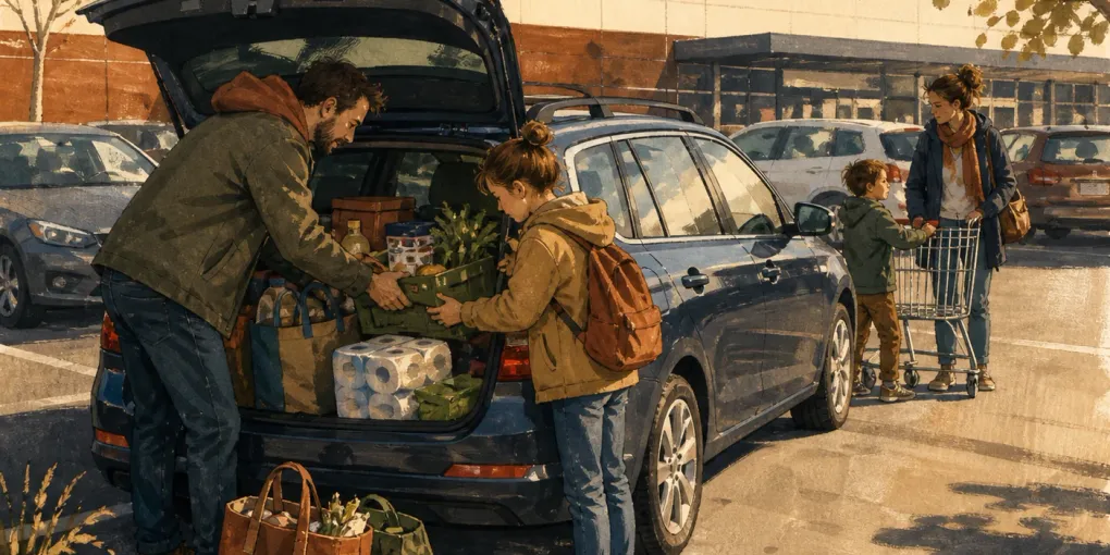 Familie verstaut einen großen Wocheneinkauf in einem pragmatischen, neutralen Familienauto