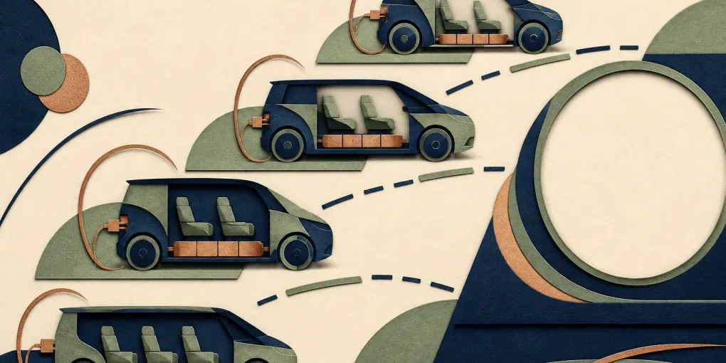 Abstrakte Markt-Collage mit vier generischen Premium-MPVs zwischen Innovation und noch offener Verfügbarkeit