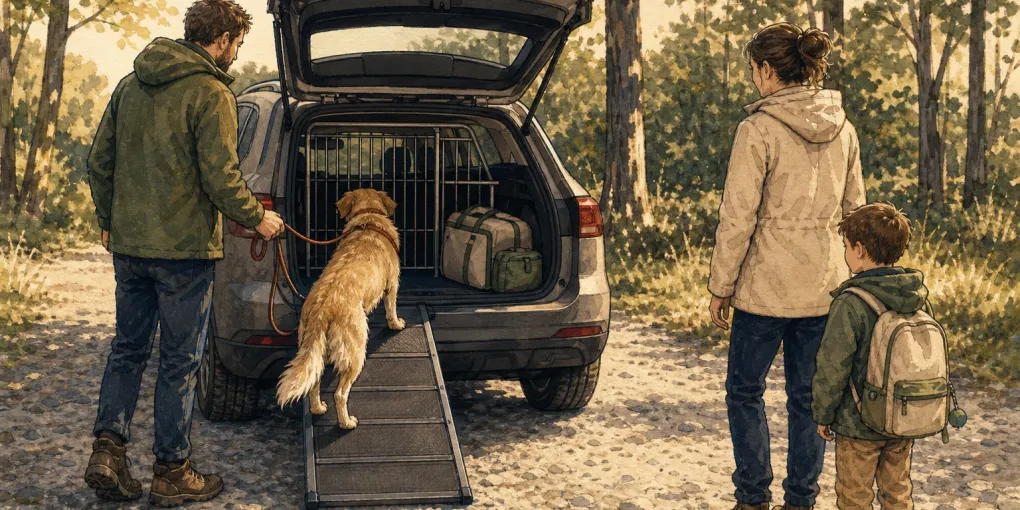 Familie begleitet einen Hund über eine kurze Rampe in den abgetrennten Kofferraumbereich eines neutralen Familienautos