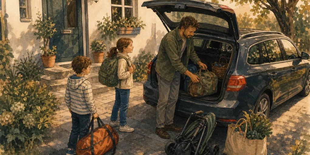 Handgemalte Alltagsszene einer Familie bei der organisierten Abfahrt mit Schul- und Sportausrüstung