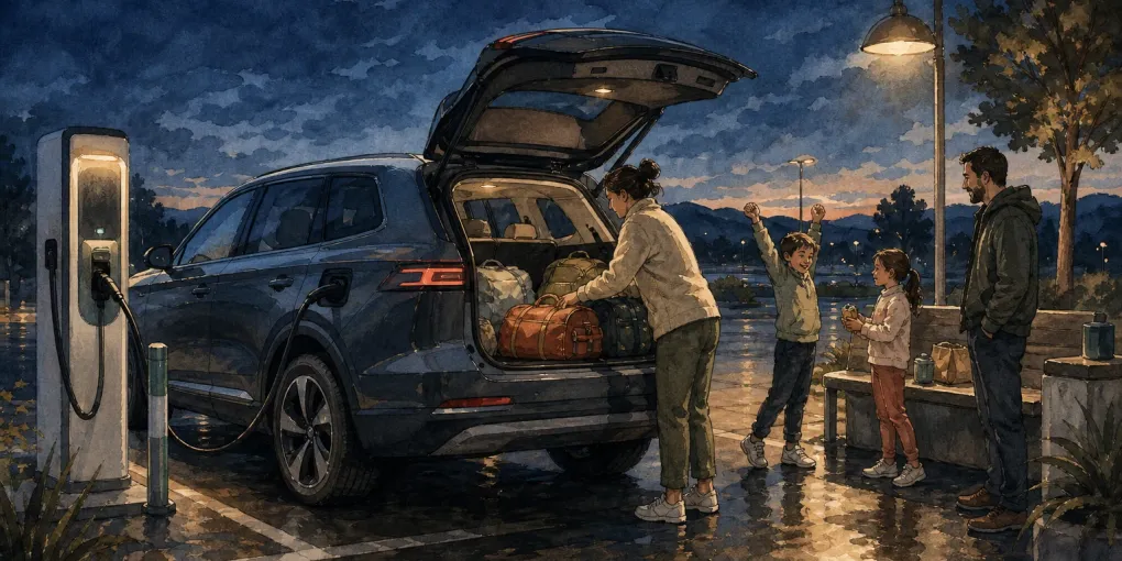Familie ordnet während einer abendlichen Schnellladepause das Reisegepäck eines großen Elektro-SUV