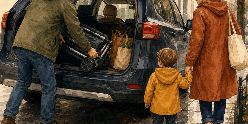 Eltern laden einen gefalteten Kinderwagen und Einkauf in den begrenzten Kofferraum eines Familienautos