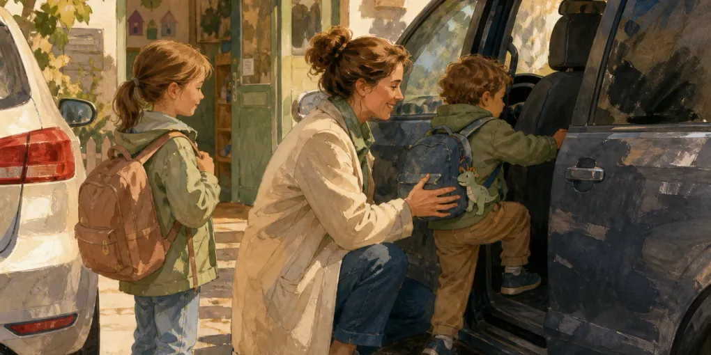 Handgemalte Alltagsszene einer Familie beim Einsteigen vor einer Kita