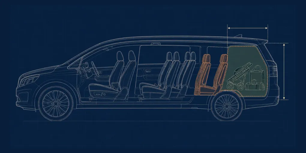 Technische Schnittgrafik mit sieben aufrechten Sitzen und dem verbleibenden Kofferraum für Kinderwagen und Taschen