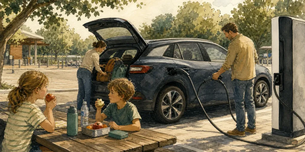Familie macht während einer Reise eine ruhige Ladepause mit einem elektrischen Familienauto