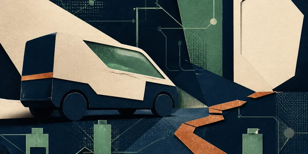 Abstrakte Collage eines digitalen Luxus-Vans zwischen Innovation und unklarer Marktverfügbarkeit