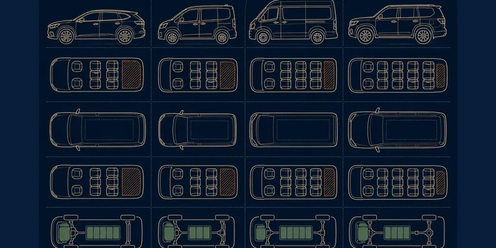 Technisches Vergleichsraster für vier Familienauto-Klassen mit Sitzreihen, Außenmaß, Gepäckraum und Antrieb