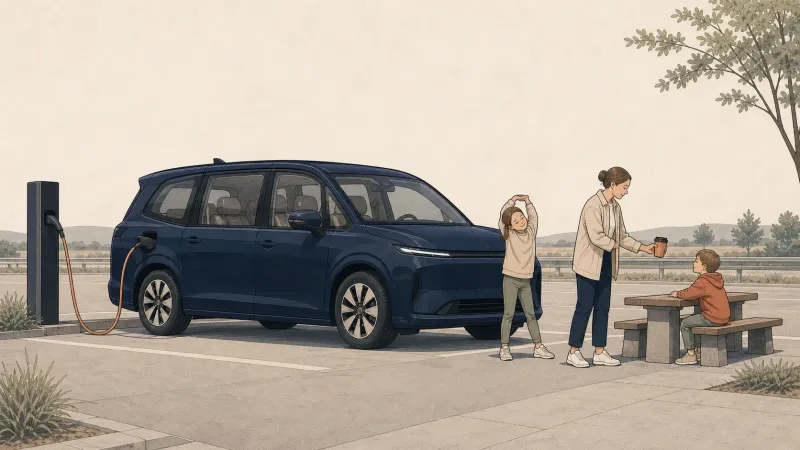 Familie bei einer entspannten Ladepause mit einem elektrischen Familienauto