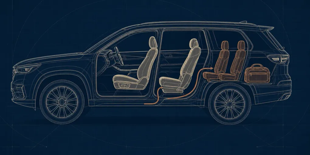 Technische Schnittgrafik eines Siebensitzer-SUV mit Zugangsweg zur dritten Reihe und kleinem Restkofferraum