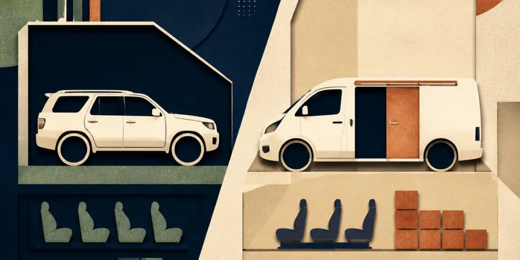 Abstrakte Collage zum Vergleich von SUV und Van bei Außenmaß, Zugang und Innenraum