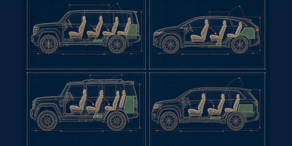 Technischer Vergleich von vier unterschiedlichen Elektro-SUV-Raumkonzepten mit drei Sitzreihen